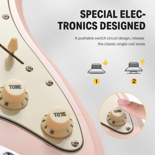 Donner DST-200 Electric Guitar Beginner Set, ST Type, Coil Tap, Case, Strap, Shield, and 5-Piece Accessory Set, Pink
