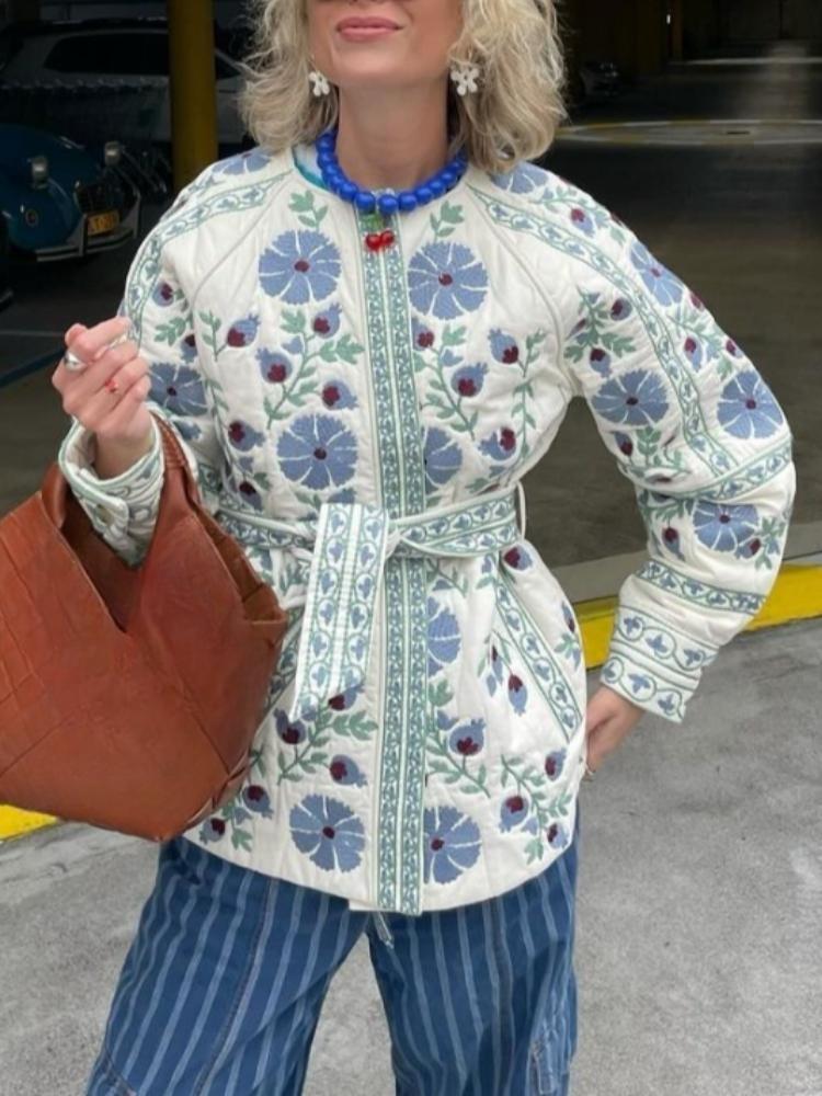 Elegant Women Cotton Jacket Floral Print Belted Coat Autumn Winter Fashion Long Sleeves Single Breasted O Neck Streetwear New Lady Outerwear