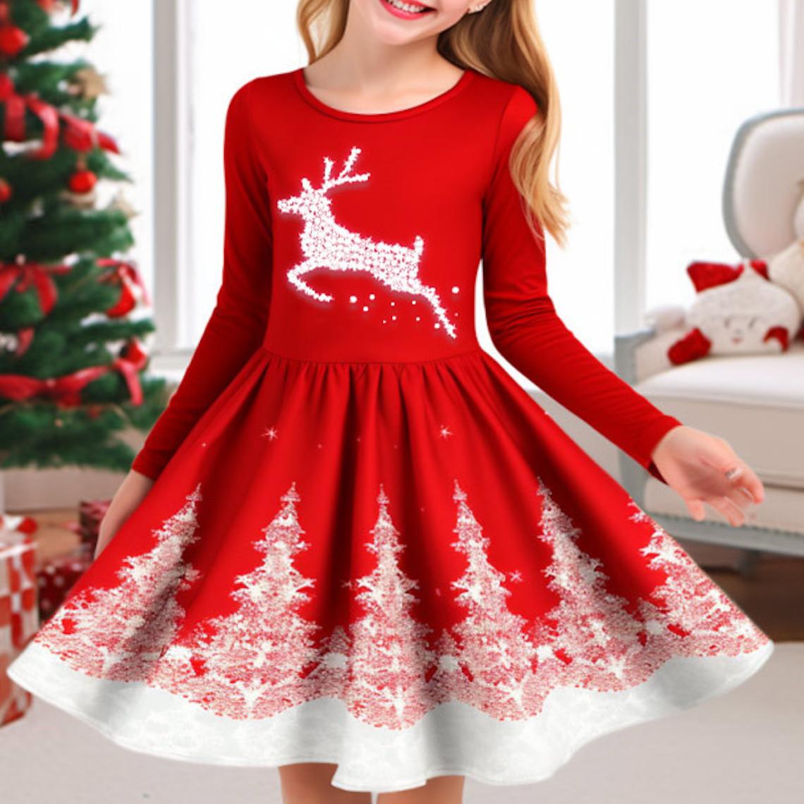 

Весеннее повседневное платье принцессы с 3D кристаллами и принтом лося и кедра для девочек, детское платье принцессы на Рождество с круглым вырезом и длинными рукавами 180 красный