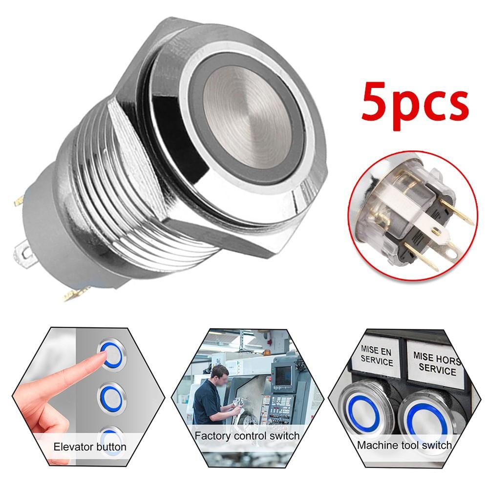 5pcs 19mm Momentary Push Button Power Switch Stainless Steel with Blue LED