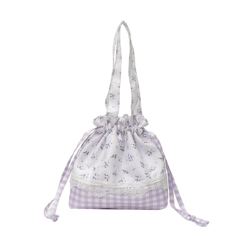 New Floral Plaid Drawstring Bento Bag, Student with Meal Handbag, Large-capacity Portable Lunch Box Bag, Commuter Bag.