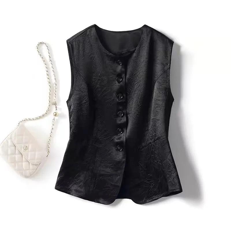 Women's Slim Fit Round Neck Buttoned Vest Sleeveless Textured Waistcoat Casual Office Outerwear