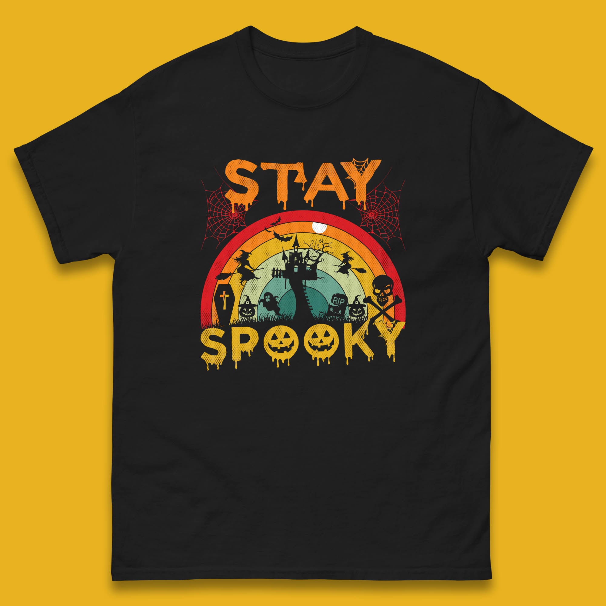 

Stay Spooky Vintage Halloween Hunted House Dark Night Full Moon And Flying Bats Mens Tee Top 3XL