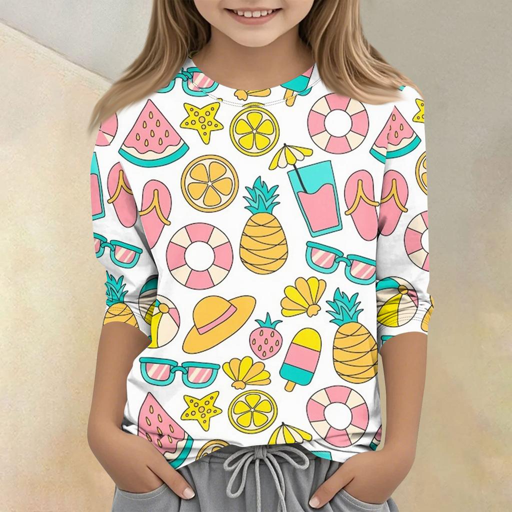 Children's Printed Round Neck Seven Quarter Sleeve Casual T-shirt