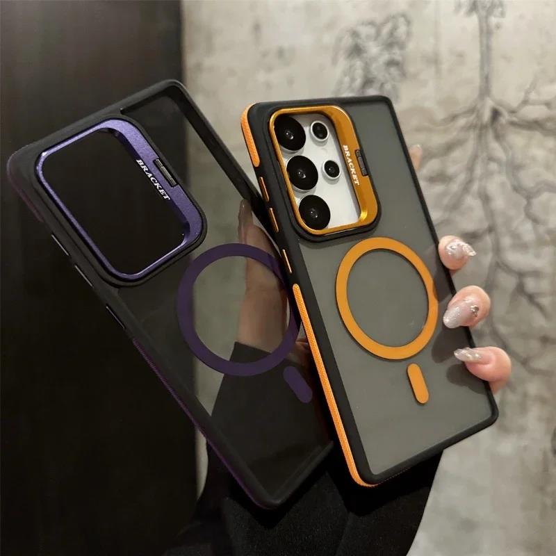 For Magsafe Magnetic Metal Lens Protection Stand Case For  Galaxy Samsung S24 S25 S23  S22 Ultra Plus FE Shockproof Cover Bumper