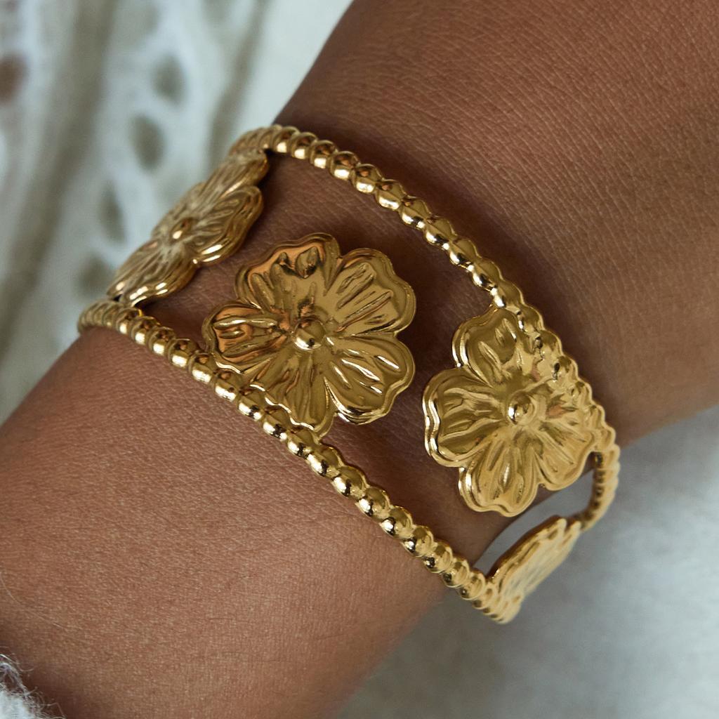 Yori Waterproof Stainless Steel Flower Hollow Wide Open Bracelet Bangle 18K Gold Plated Fashion Women Trendy Jewelry Bijoux