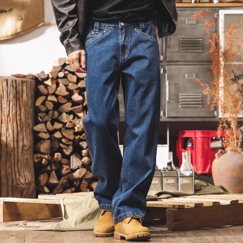 Jielinuo Men's American Retro Slub Cotton Straight-Leg Jeans