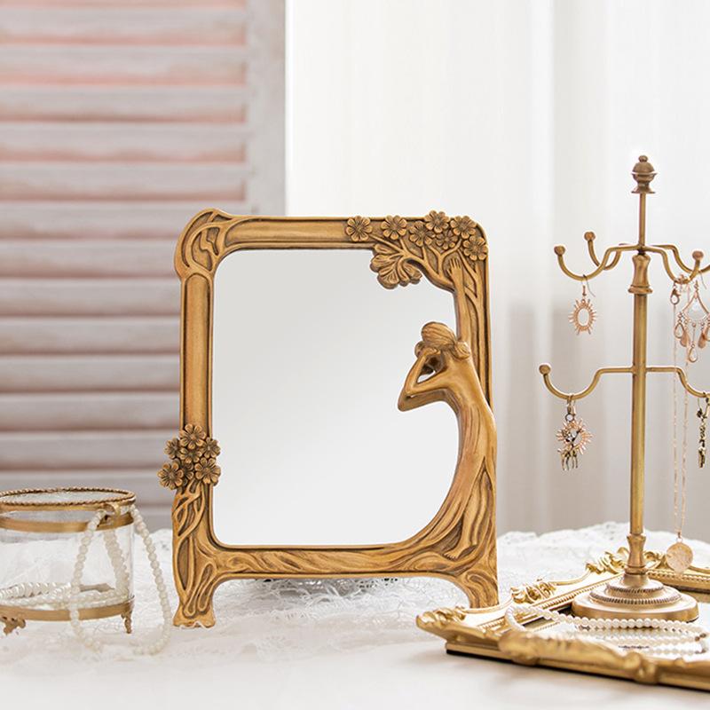 Vintage Baroque Wall-Mounted Mirror for Bedroom Artistic Elegant Home Decoration Environmentally Gold Large Stand Desktop Mirror