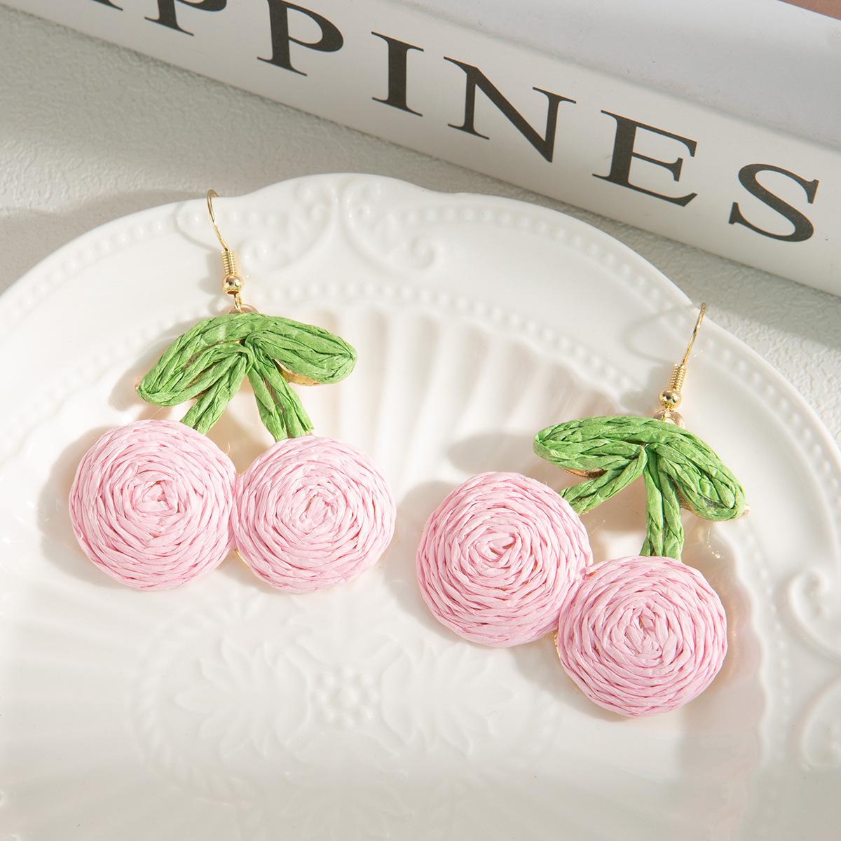 Spring Bohemian Hand-Woven Cherry Fruit Earrings Beach Vacation Personality Sweet Earrings Female