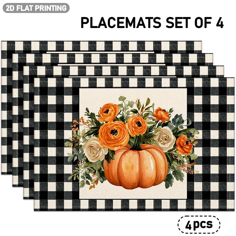 4/6pcs Set, Black and White Checkered Border Placemats with Orange Pumpkin and Floral Patterns, Suitable for Autumn Table Decor, Kitchen Countertop De