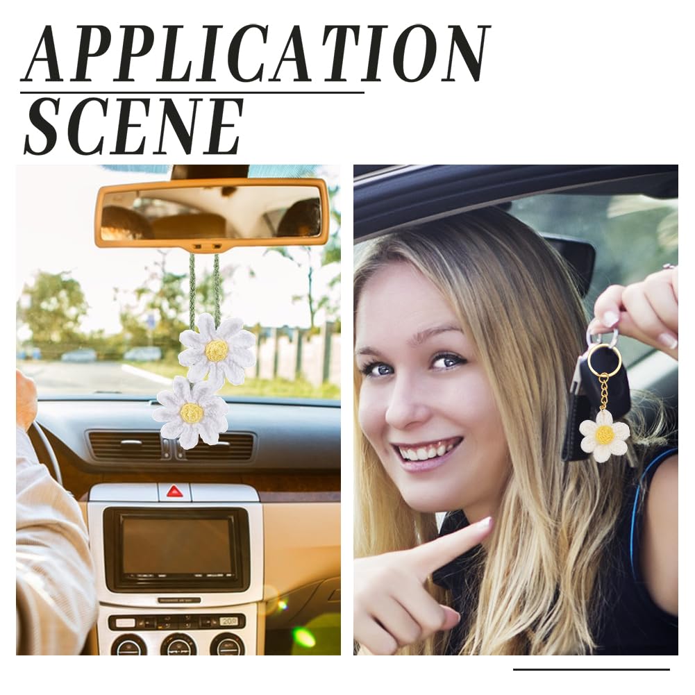 PH PandaHall Set Crochet Daisy Car Accessories Cotton Flower Keychain Rearview Mirror Charm Car Interior Decoration Bag Pendant Gift Set 4-Piece