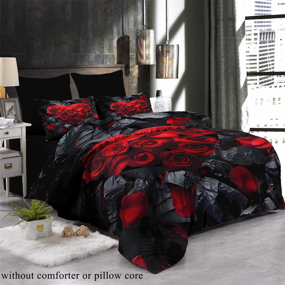2/3pcs Romantic Love Red Rose Floral Duvet Cover Set (1*Duvet Cover + 1/2*Pillowcases, Without Core), Machine Washable - Perfect