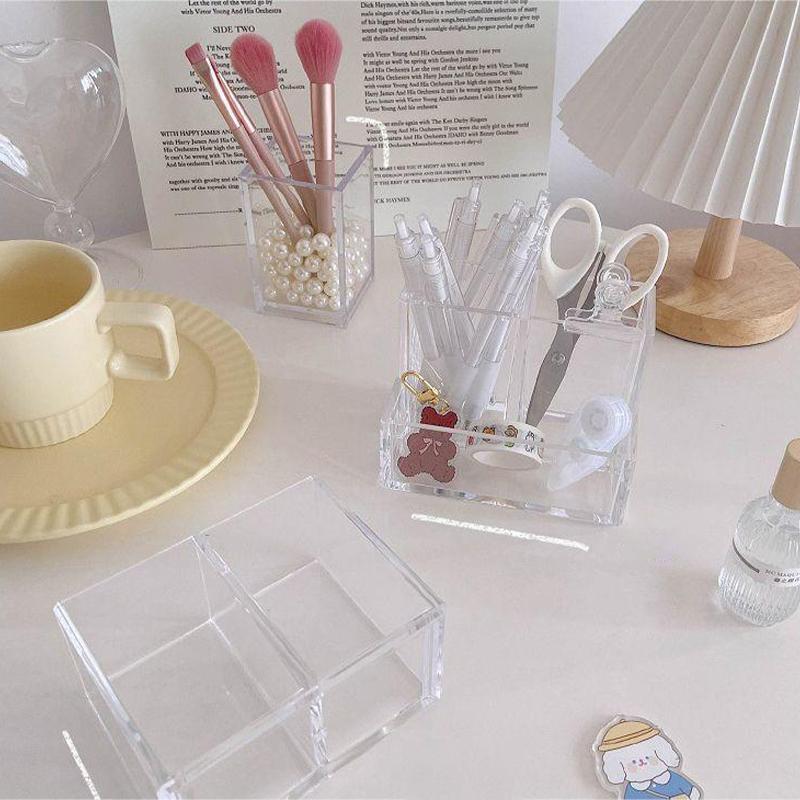 Ins Style Transparent Acryl Quadratischer Drei-Fächer Stifthalter Aufbewahrungsständer
