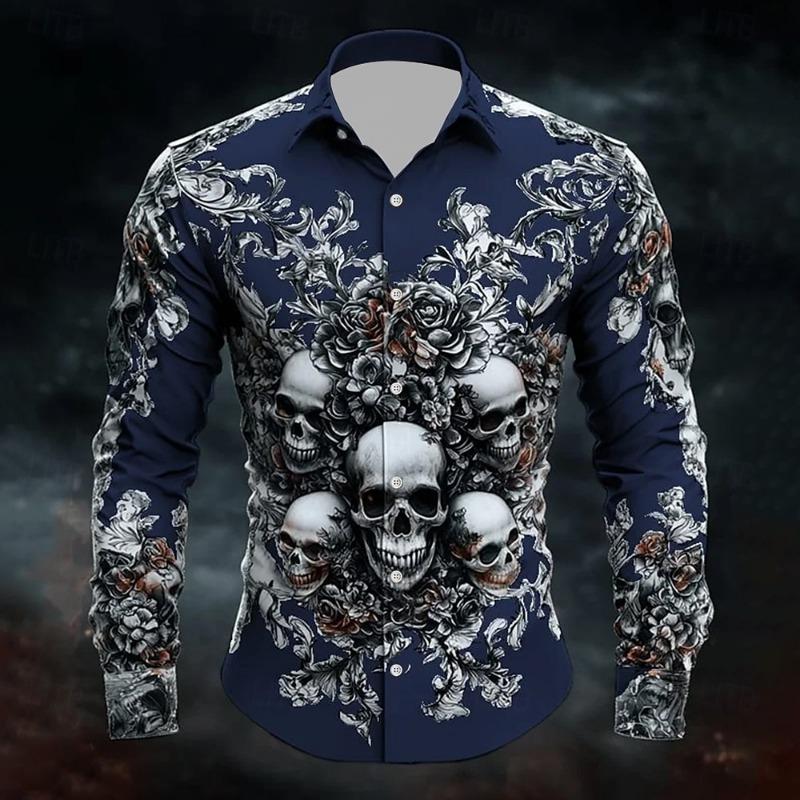 Halloween Thema Mannen Halloween Kostuums Schedels Shirt Knoopsluiting Shirt Casual Overhemd Lange Mouw Donkere Gotische Stijl Tops