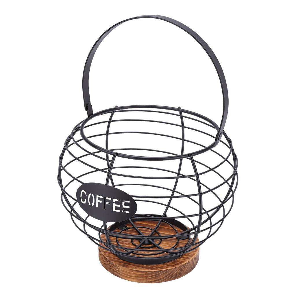 Coffee Pod Holder Organizer Metal Grid Coffee Pod Storage Basket with Wooden Base for Kitchen Counter Desktop