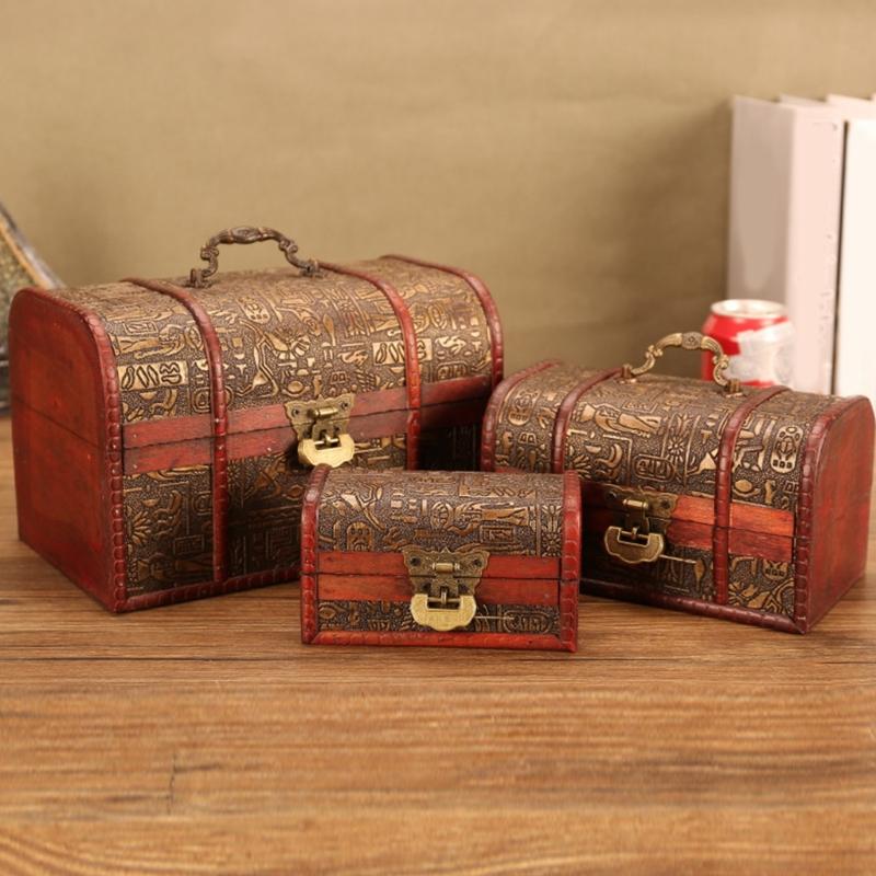 Vintage Wooden Treasures Chest Decorative Keepsakes Storage Container with Lock Antique Jewelry Organiser for Women