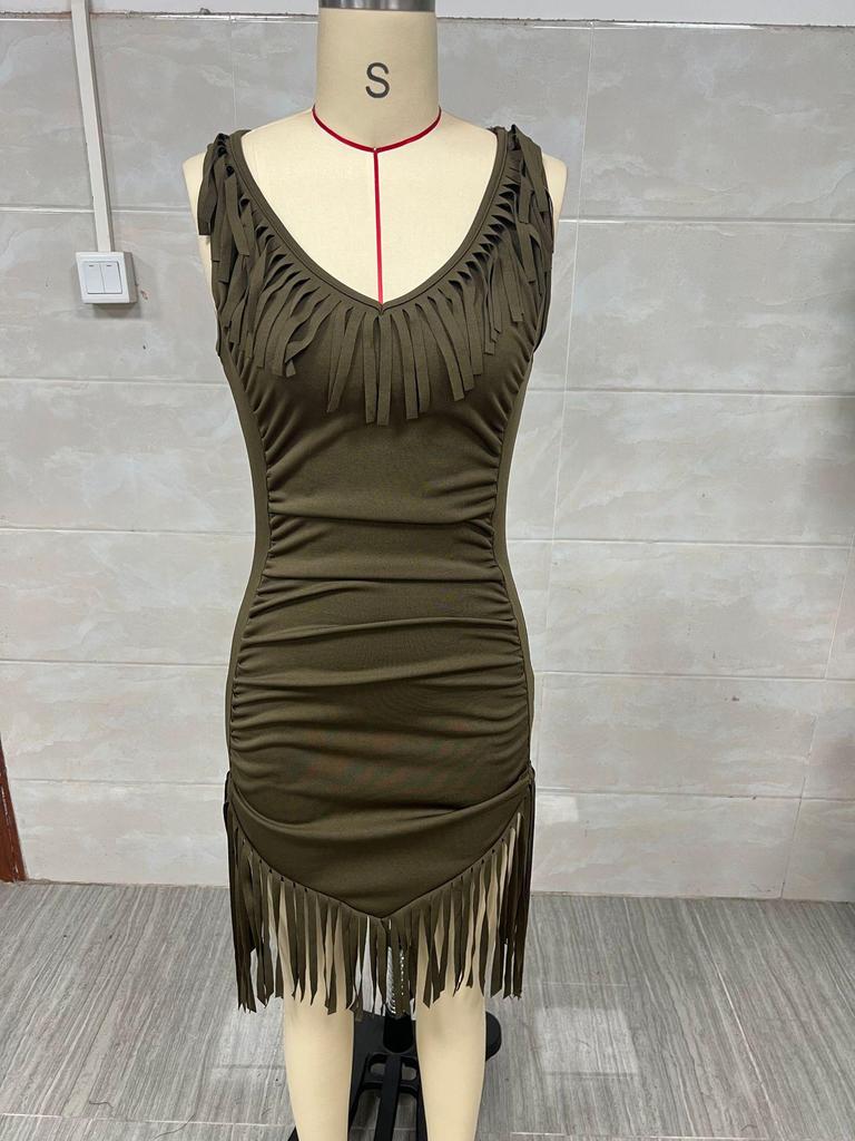 Retro Western Style Deep V Spaghetti Strap Fringe Slim Fit Vest Dress