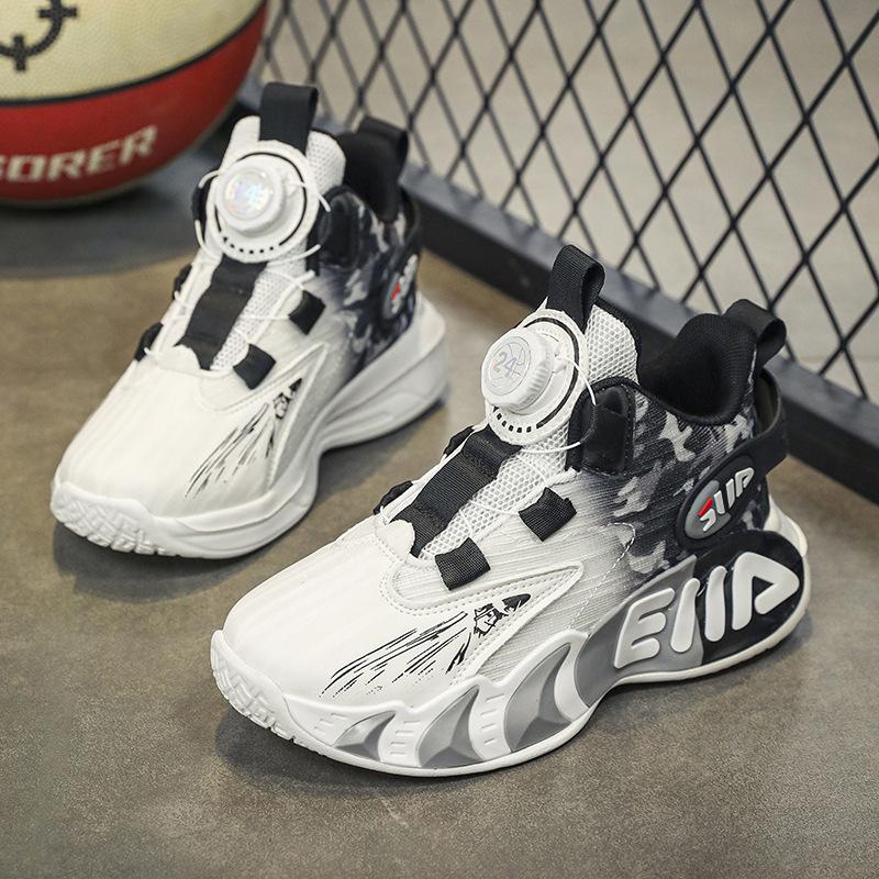 Children's Basketball Shoes Boys Spring and Autumn Leather New White Mesh Button Sneakers Friction Sound Running Shoes