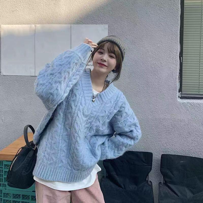 Dámský podzimní a zimní svetr v korejském stylu, volný, zesílený, s výstřihem do V, studentský, líný styl, retro topy