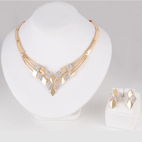 Women KC Gold Plated Rhombus Shape Necklace Earrings Rhinestones Jewelry Set