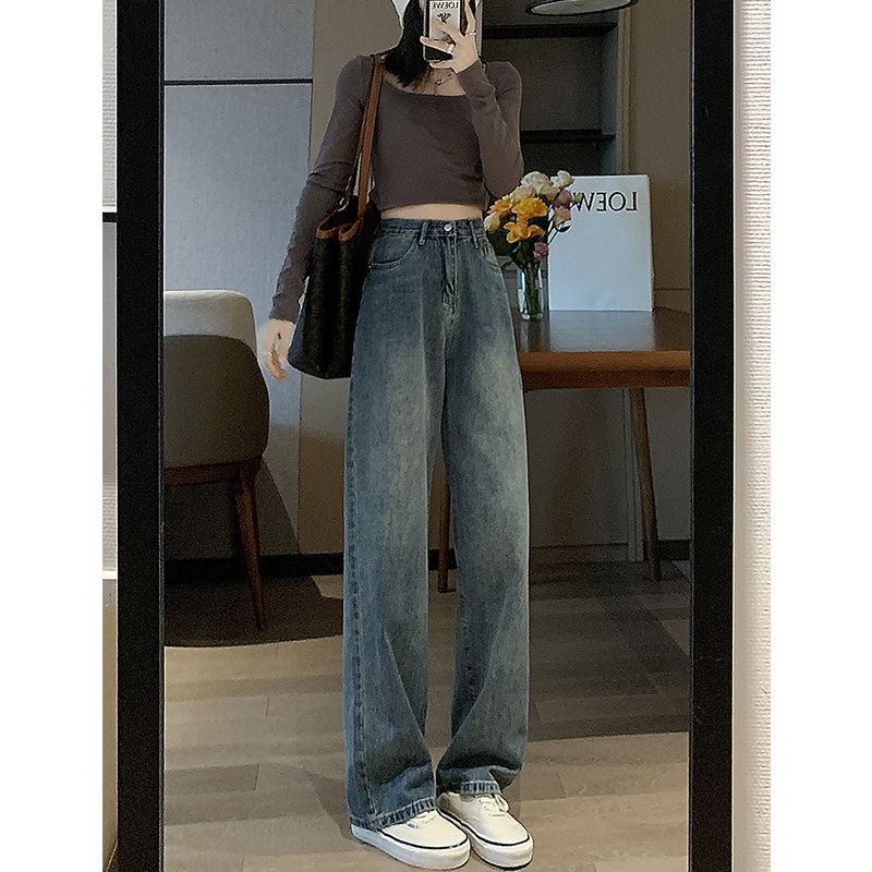 Retro Old Wide-leg Jeans for Women In Autumn and Winter New High-waist Straight and Loose Slimming and Draped Floor Pants