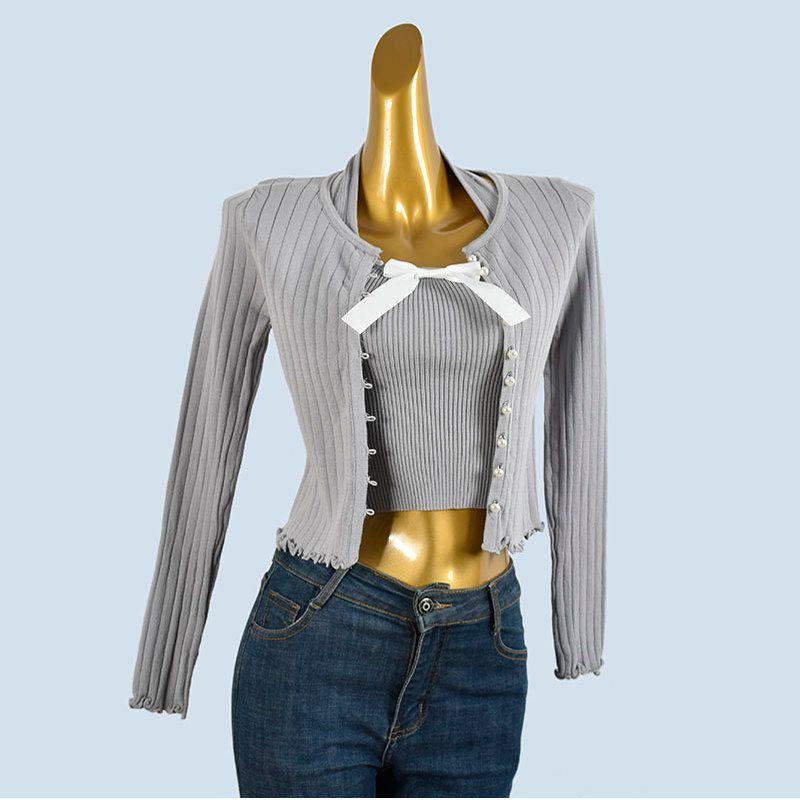 Sweet Spring and Summer Top Halter Top Bow Knitted Pearl Buckle Cardigan Short Two-piece Set Women Gyaru Pure Desire