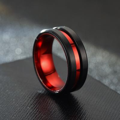 Anillos de Acero Inoxidable de 8 mm para Hombre, Negro con Ranura Roja y Borde Biselado, Tendencia, Anillo de Compromiso para Hombre, Regalos de San Valentín