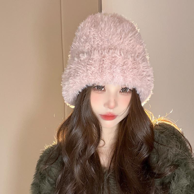Plush Hat Women's 2023 New Knitted Wool Hat Autumn and Winter Big Head Circumference Showing Face Small Thickened Warm Ear Protection Cold Hat