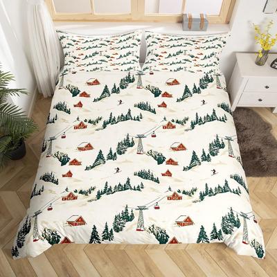 Ski Theme Duvet Cover Green Pine Cable Car Bedding Set Country Style Three-Piece Set