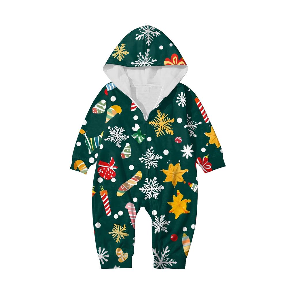 Christmas Print Family Matching Hooded Long Sleeved Zippered Jumpsuit Set