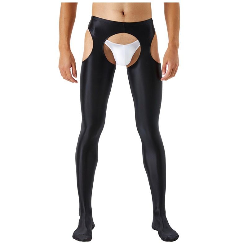 Mens Glossy Mid Waist Pantyhose Elastic Waistband Crotchless Cutout Design Skinny Leggings Sheer Clubwear Tights