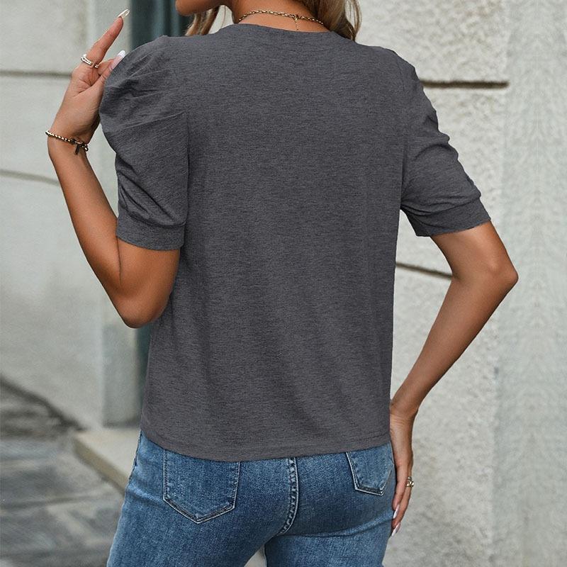 Damen Lässiges Sommer-T-Shirt mit Rundhalsausschnitt und Puffärmeln, einfarbig