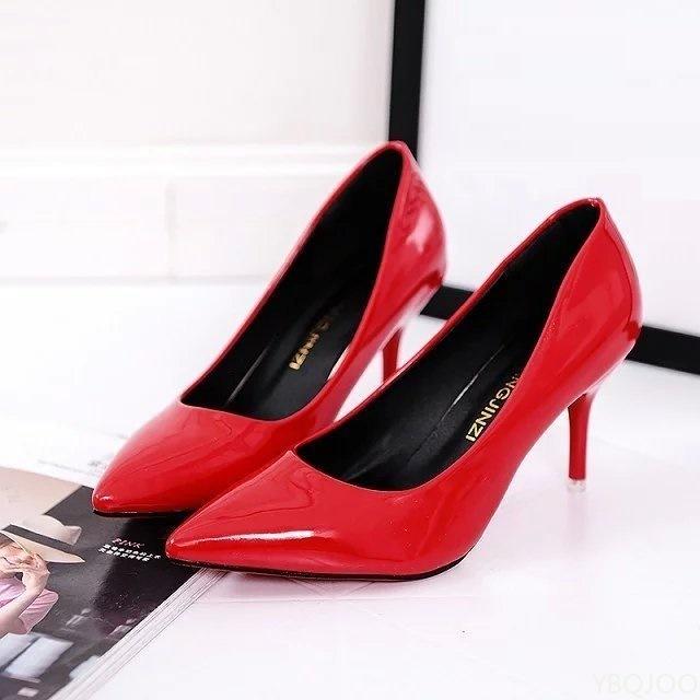 Ladies Pointed Toe Pumps Red Patent Leather Dress High Heels Women Fashion Elegant Wedding Shoes Shallow mouth female work shoes