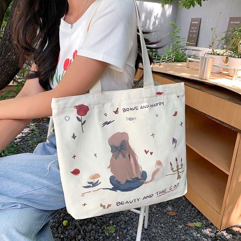Canvas Bag Female College Student Class Bag Cute Commuting Bag Large Capacity Shoulder Bag