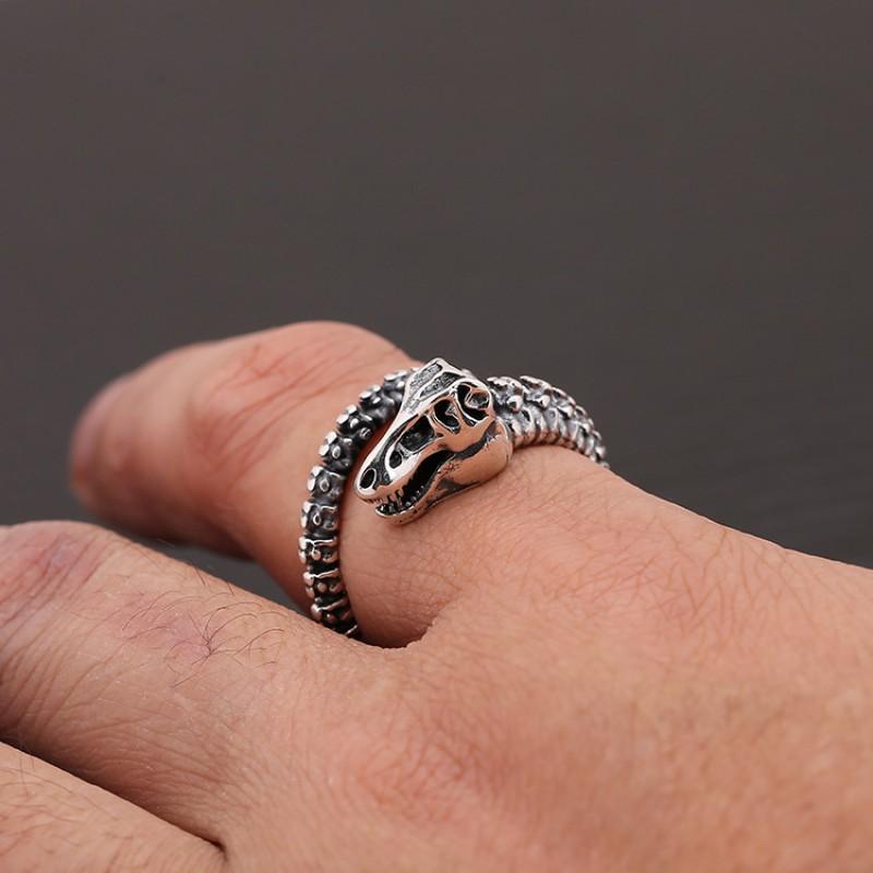 Adjustable Open Ring Men Women Vintage Punk Dinosaur Fossil Skull Design Sterling Geometric Statement