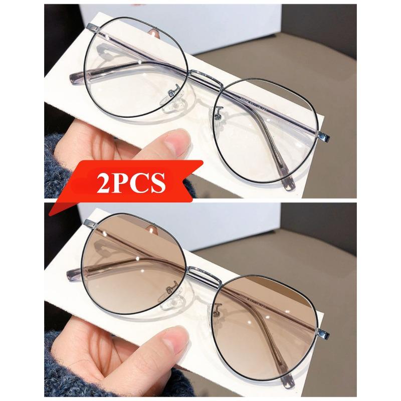 2PCS Transparent Photochromic Oval Glasses  Women's Stainless Steel Frame PC Material Fashionable Metal Chain