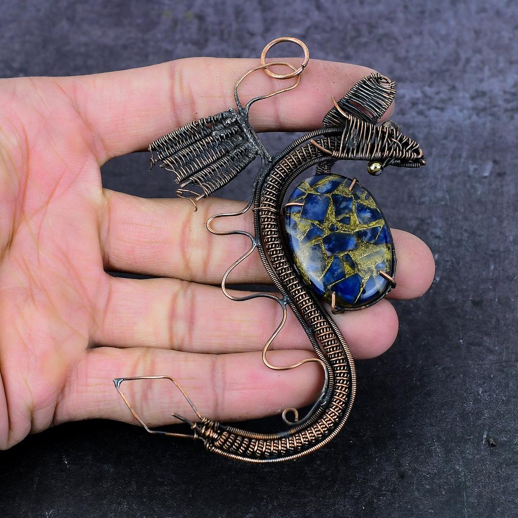 Natural Copper Sodalite Handmade Copper Wirewrap Dragon Gift Pendant 4.53" e2S80