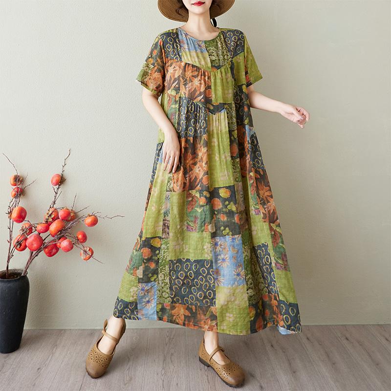 DIMANAF 2025 Summer Women Vintage Plus Size Long Printing Dress Short Sleeve Casual O-Neck Basic Fashion Loose Dress