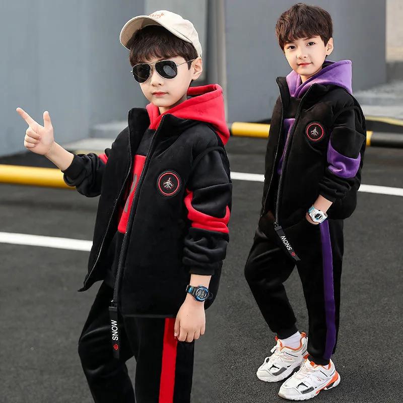 Children Fleece-Lined Thickened Boys Suit Three-Piece Set Trendy Autumn/Winter Outfit For Mid To Large Children