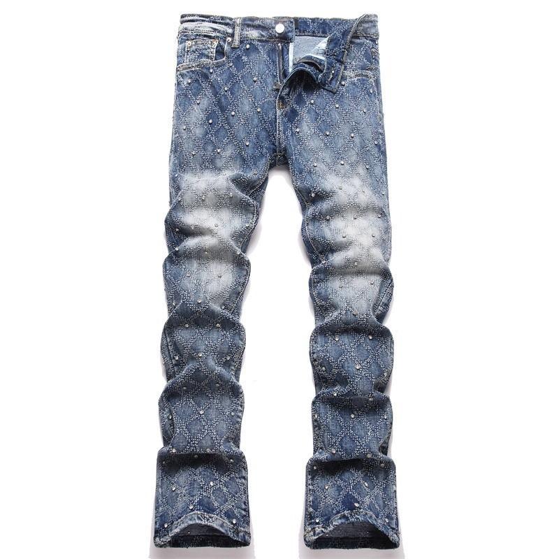 Mens Slim Fit Jeans Punk Style Distressed Printed Denim Pants Teens Casual Wear