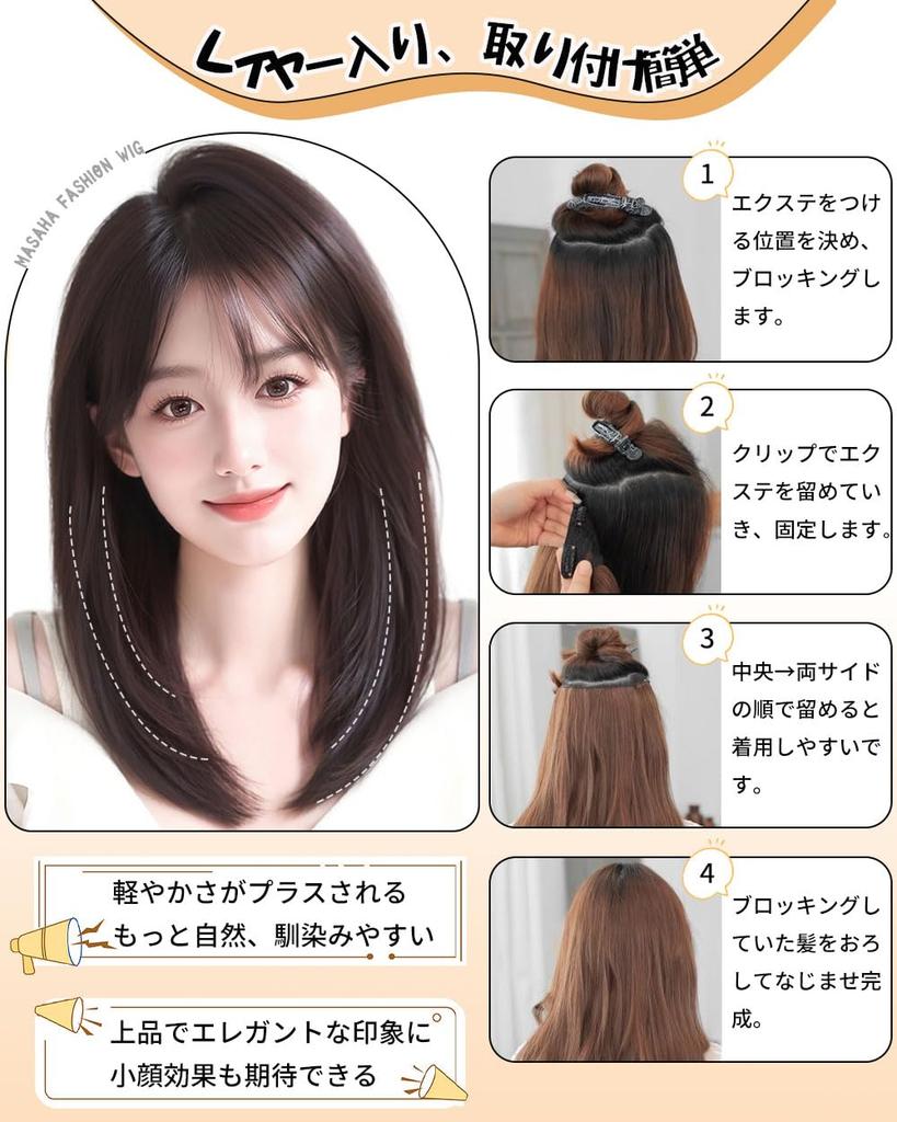 MASAHA Hair Nape Inward Medium Partial Hairpiece Extensions, Wig, Semi-Long, Straight, Curl, Layered, Length, Wig, (Black Brown)