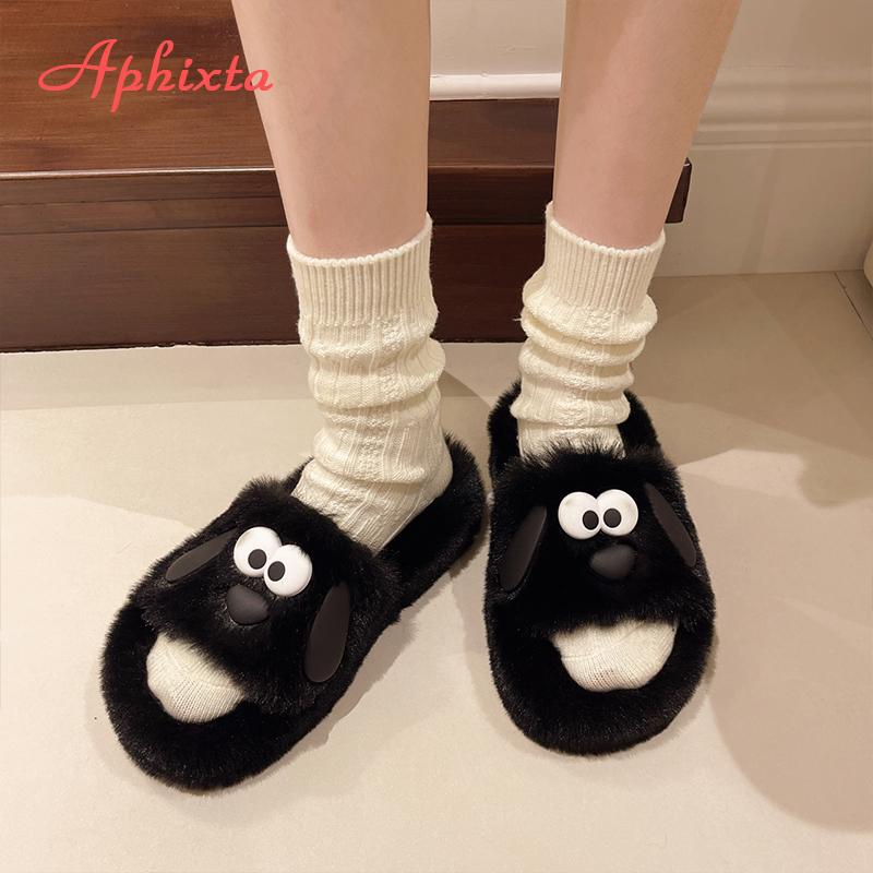Aphixta 2024 Chaussons Mignons Chien Chaud Hiver Fourrure Femmes Chaussons d'Intérieur Chaussures Oreilles Poilues Chaussures Chambre Talon Plat Poils