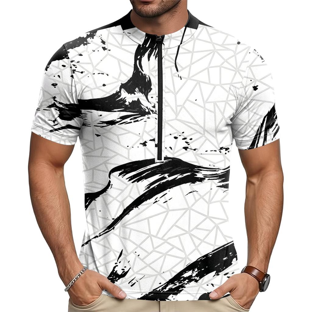 Men's Short Sleeve Cycling Jersey Breathable Quick Dry Fabric Half Zip Front Crew Neck Lightweight Sportswear for Outdoor Riding