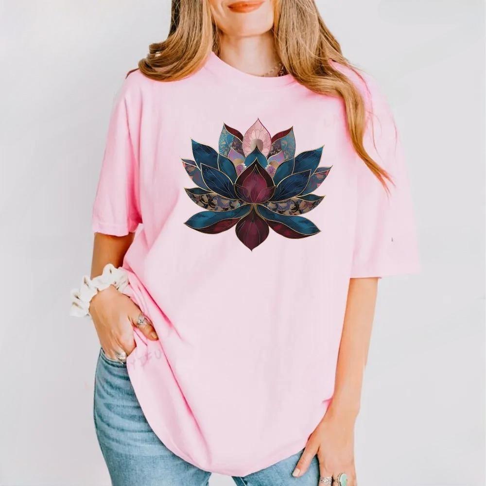 

2026 Lotus Flower Yoga Women Tshirt Buddhist Zen Meditation Tee Vintage Floral Print Spiritual Streetwear Boho Gift Tops 4XL