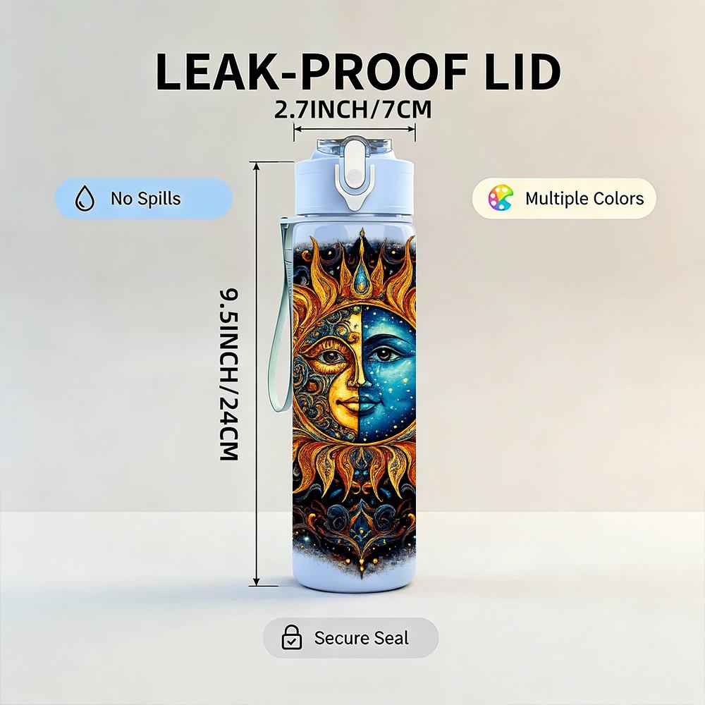 1PC Sun Face Bohemian Art Print 750ml Color Plastic Sports Water Bottle Leakproof Flip Straw Lid Suitable for Sports Office Home Use