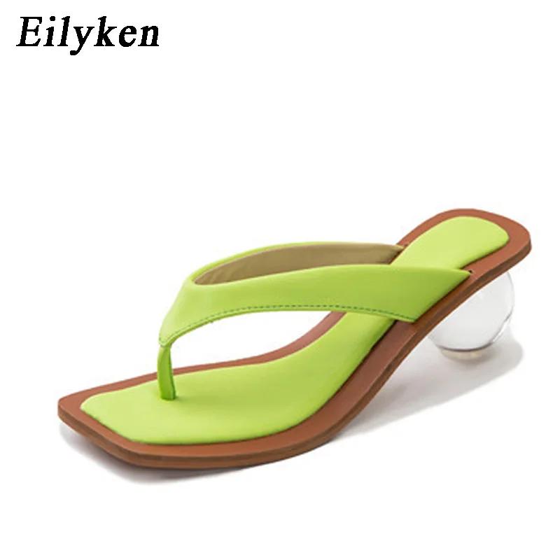 Fashion Eilyken Square Head Pinch Slippers Crystal Transparent Ball Low Heel Clear Women Flip Flops Slides Fashion Design Green Size 43