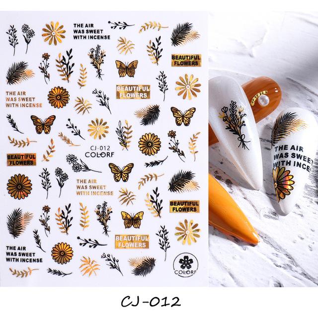 Laser Gold Black 3D Nail Art Stickers Decals Butterfly Flower Rose Plant Maple Leaf Nail Decoration Manicure Tool