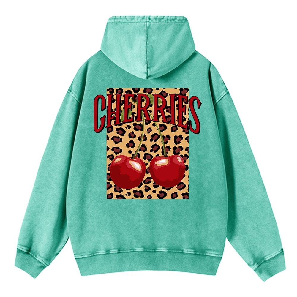 Vintage Womans Acid Wash Hoodies Fashion Leopard And Cherry Prints Pullovers Pocket Oversize Cotton Hooded Tops