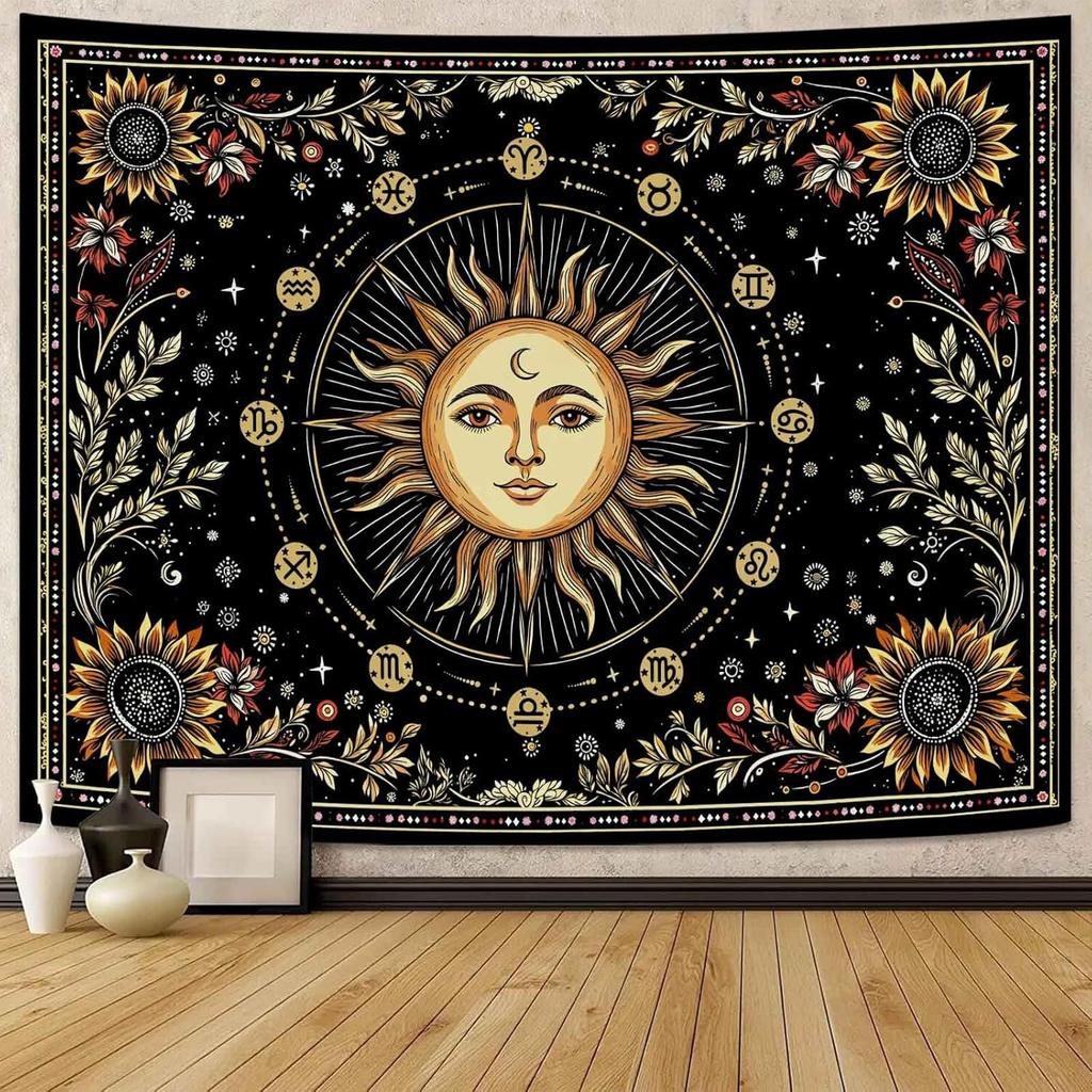 Celestial Sun Mushroom Skull Wall Tapestry  Moon Phase Botanical Wall Hanging for Bedroom and Living Room Decor  Boho Forest