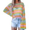 Spring Summer New Loose Round Neck Color Block Striped Knit Sweater for Women, European American Style Leisure Outerwear